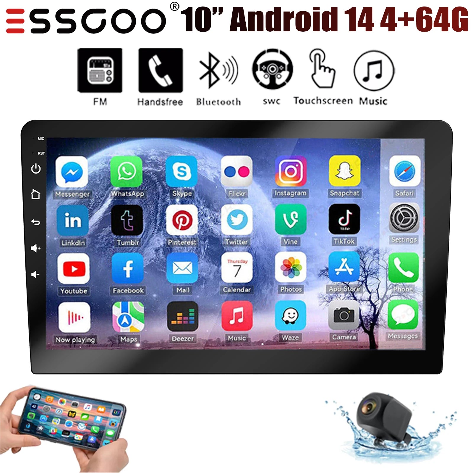 ESSGOO 10.1" Android 14 Carplay Car GPS Radio Stereo Double 2Din Head Unit FM SWC Bluetooth 4+64GB IPS Split Touch Screen WiFi CM World