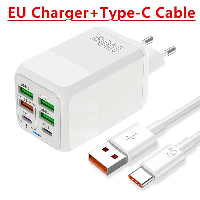 150W 6 Ports Pd QC 4.0 Usb C Fast Charger Wall Adapter Super Fast Charging For Iphone Samsung Ipad Xiaomi Huawei Oneplus Oppo Car Mobile World