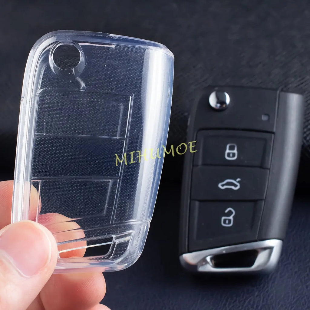For Skoda VW Black Transparent Car Flip Key Fob Case Cover Keychain Ring Kodiaq Superb Octavia Karoq Tiguan Golf Polo SEAT Ateca CM World