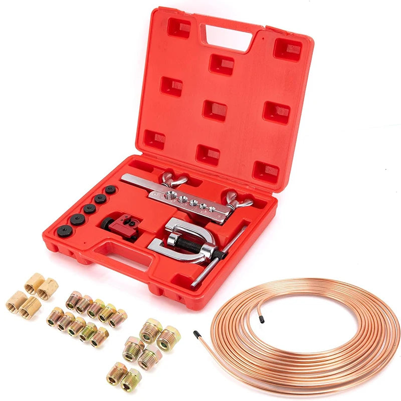 25Ft 3/16'' Brake Line Kit with 16 Fittings and 4 Unions Brake Pipe Fittings,Brake Line Double & Single Flaring Tool Kit CM World