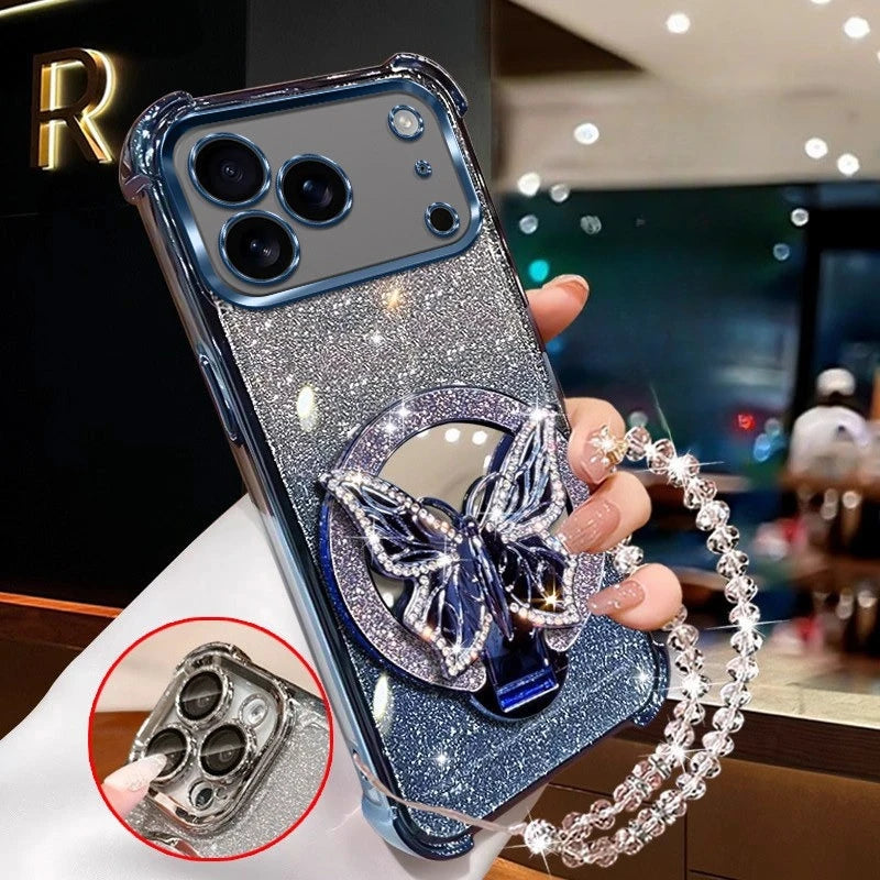 Glitter Butterfly Mirror Crystal Bracelet Case for IPhone 17 Air 16 16E 15 14 Plus 13 12 11 Pro XS Max XR X  Shockproof Cover