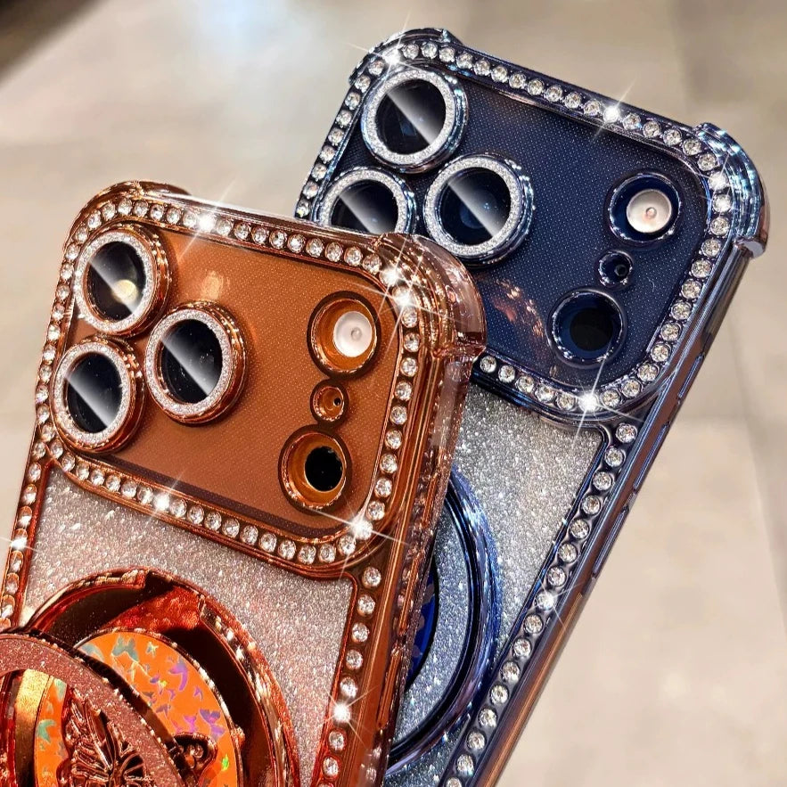 Butterfly Stand Holder Cases For iPhone 17 Pro Max Glitter Diamond Airbag Plating TPU Cover For iPhone 13 14 15 16 17 Pro Max