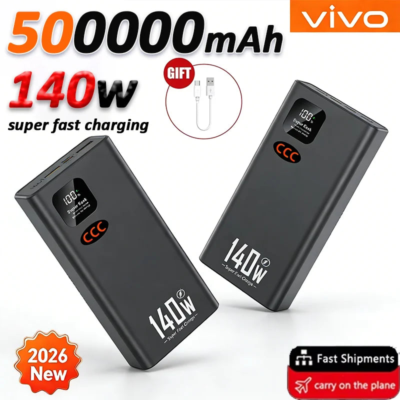 VIVO New 3c 500000mAh High Capacity 140W Super Fast Charging Power Bank Portable Battery Charger for iPhone 12-17 Samsung  Huawe