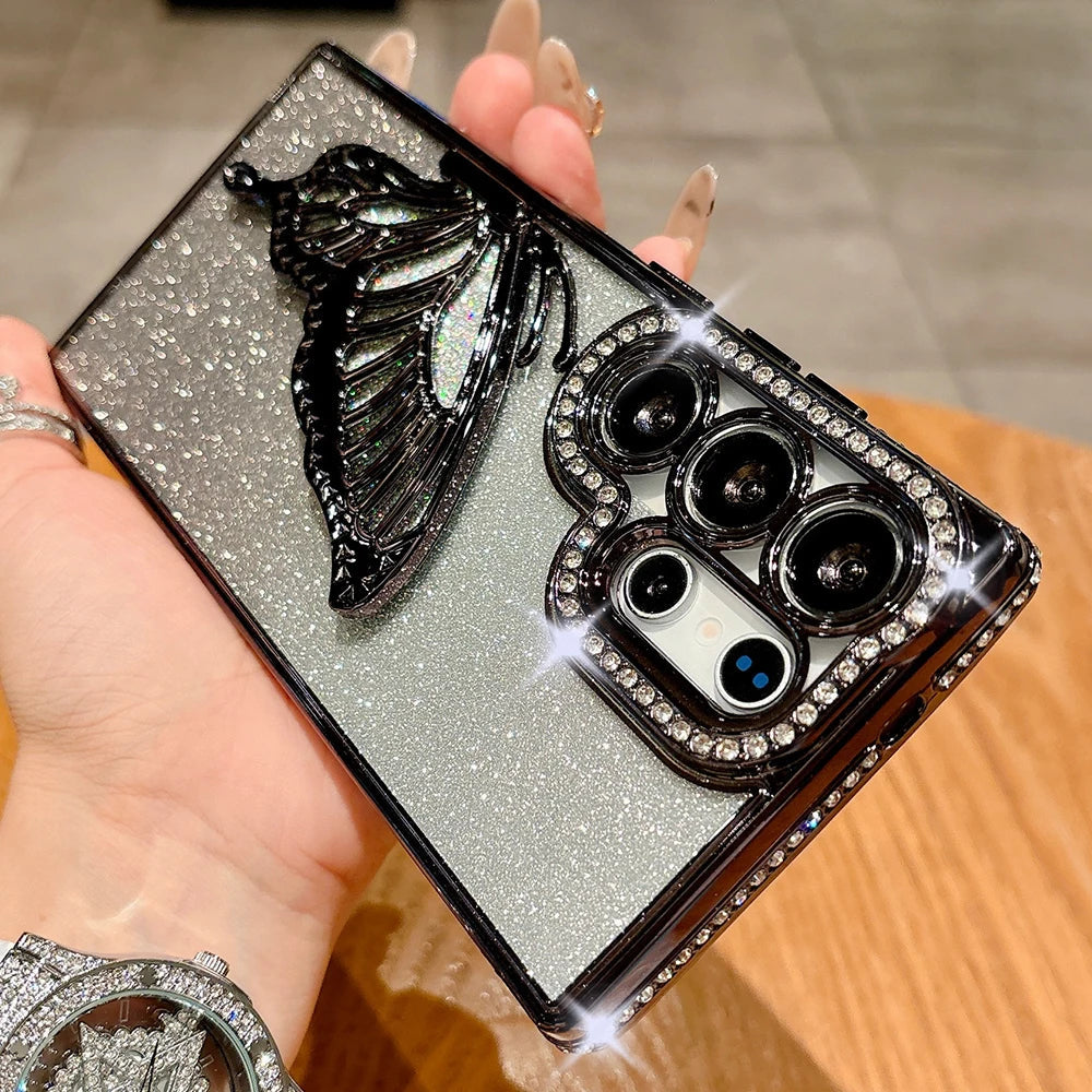 Jewelled Glitter Bling Butterfly Stand Holder Case For Samsung S25 Edge S24 S23 S26 Ultra S22 Plus A73 A54 A16 Shockproof Cover Car Mobile World