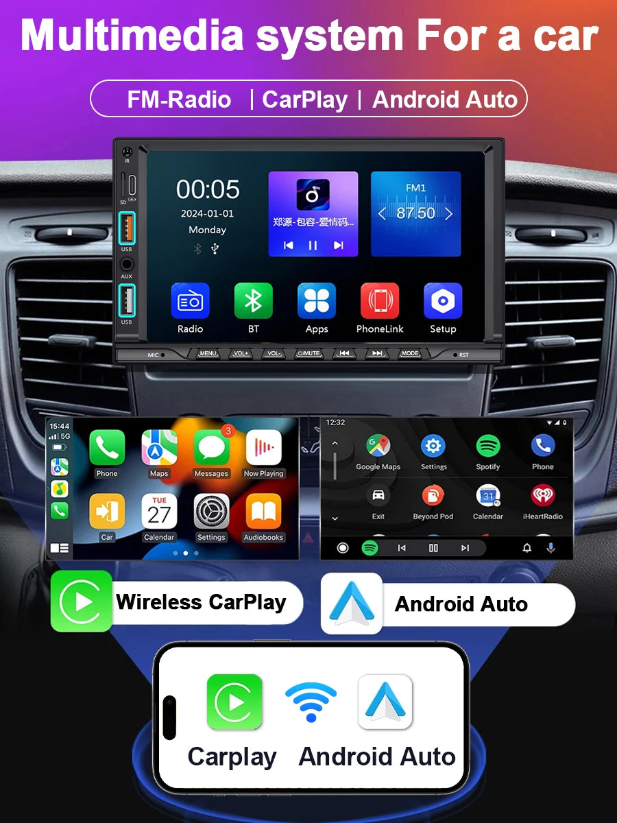 XIMA Universal 2din 7inch IPS Touch Screen Carplay Android Auto Car Radio Bluetooth FM Auxiliary Input Car Multimedia Player CM World