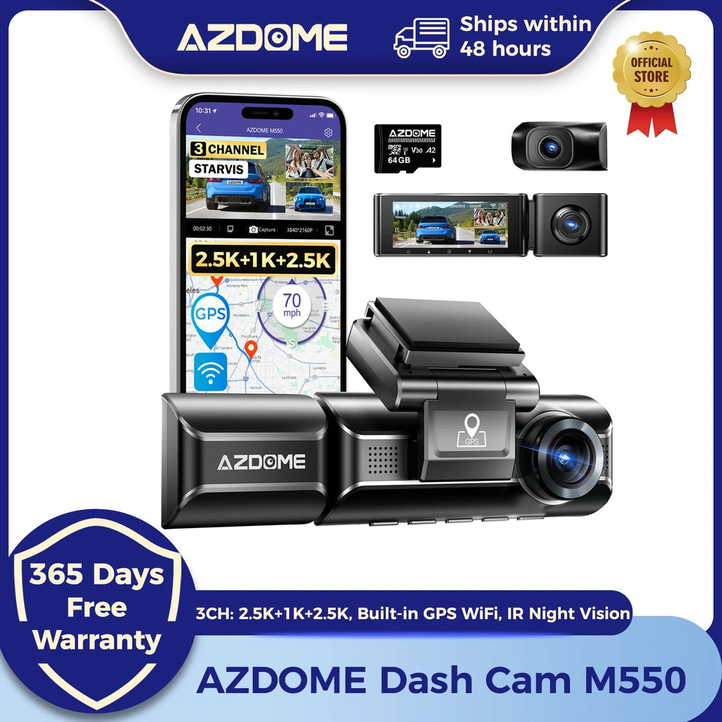 AZDOME Dash Cam M550 4K+2.5K Built-in GPS WiFi Car Dash Camera Front Inside Rear 3 Way IR Night Vision Car DVR Support Rear Cam Car Mobile World