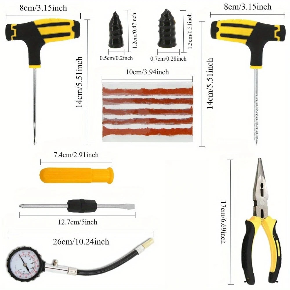 Universal Emergency Tire Repair Kit - Powerful Glue Complete Tools for All Vehicles Car/Motorcycles/Trucks Compact Portable Case CM World