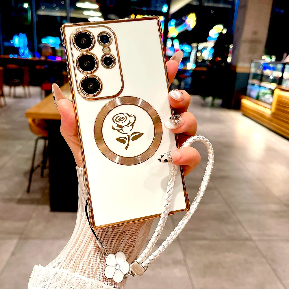 Plating Soft TPU Rose Case For Samsung Galaxy S26 S25 S24 S23 S22 S21 Ultra Plus S25Ultra Magsafe Charge Cover Lanyard Bracelet