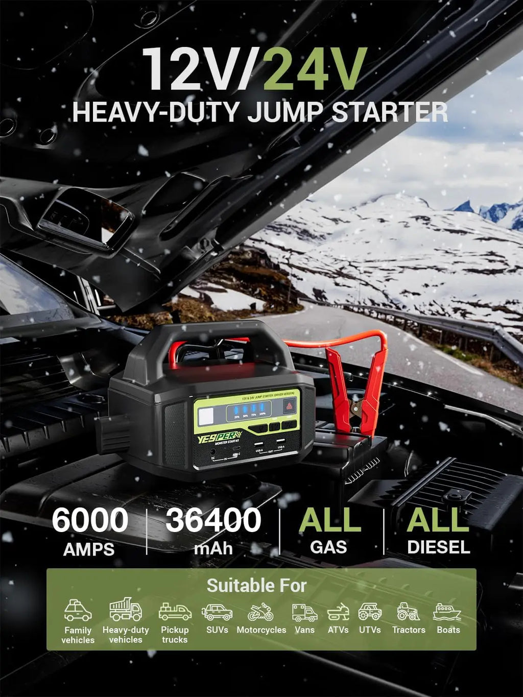 YESPER 12V/24V 6000A Car Jump Starter: 36400mAh Power Station + 3-Mode LED, for Gas/Diesel Engines, Cars to Boats, -40°C~60°C