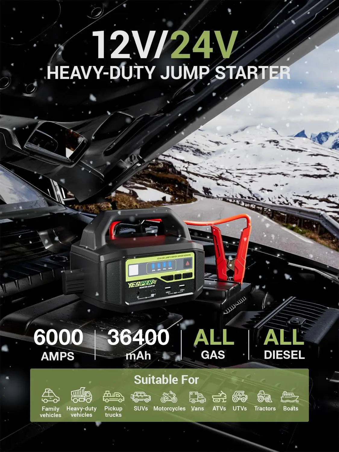 YESPER 12V/24V 6000A Car Jump Starter: 36400mAh Power Station + 3-Mode LED, for Gas/Diesel Engines, Cars to Boats, -40°C~60°C