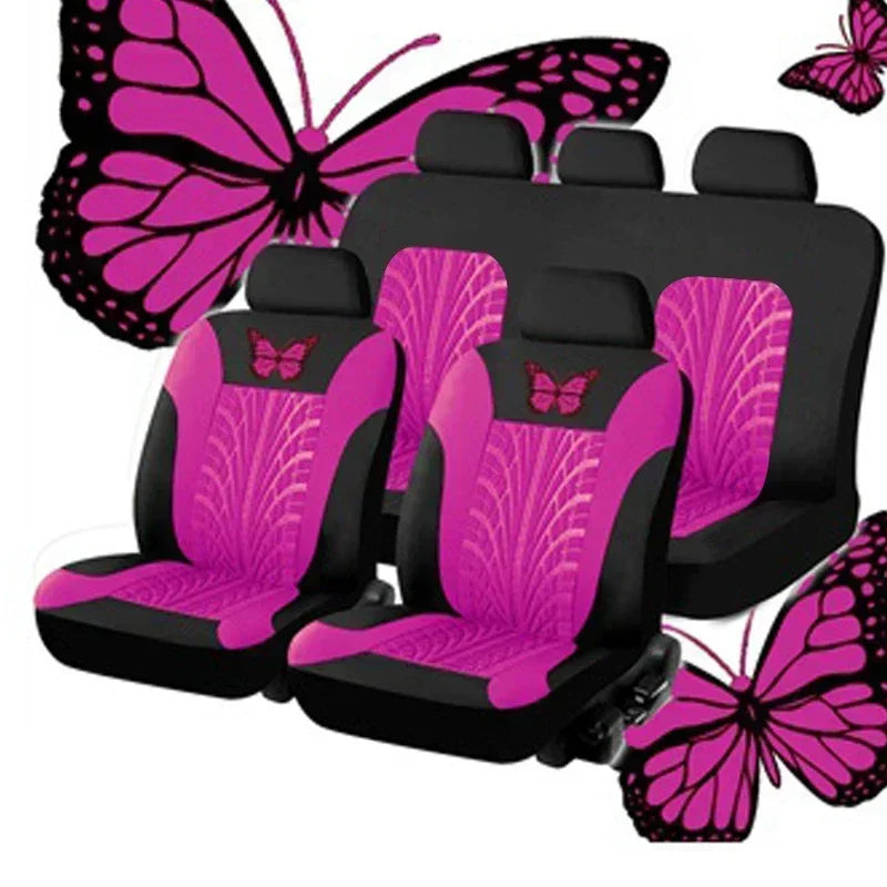 2/4/9PCS Universal Car Seat Cover Set - Red Butterfly Embroidery Design - Protects Seats From Stains, Spills, And Wear