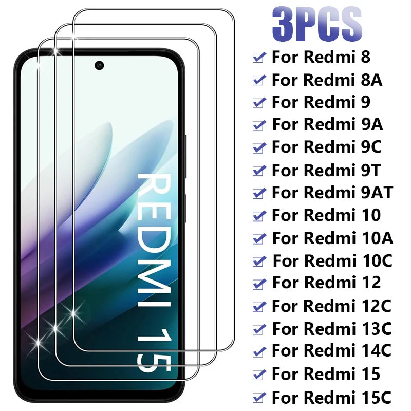 3PCS Full Tempered Glass For Xiaomi Redmi 15 15C 14C 13C 5G Screen Protector For Redmi 8 8A 9 10 9A 9T 9AT 10A 9C 10C Glass