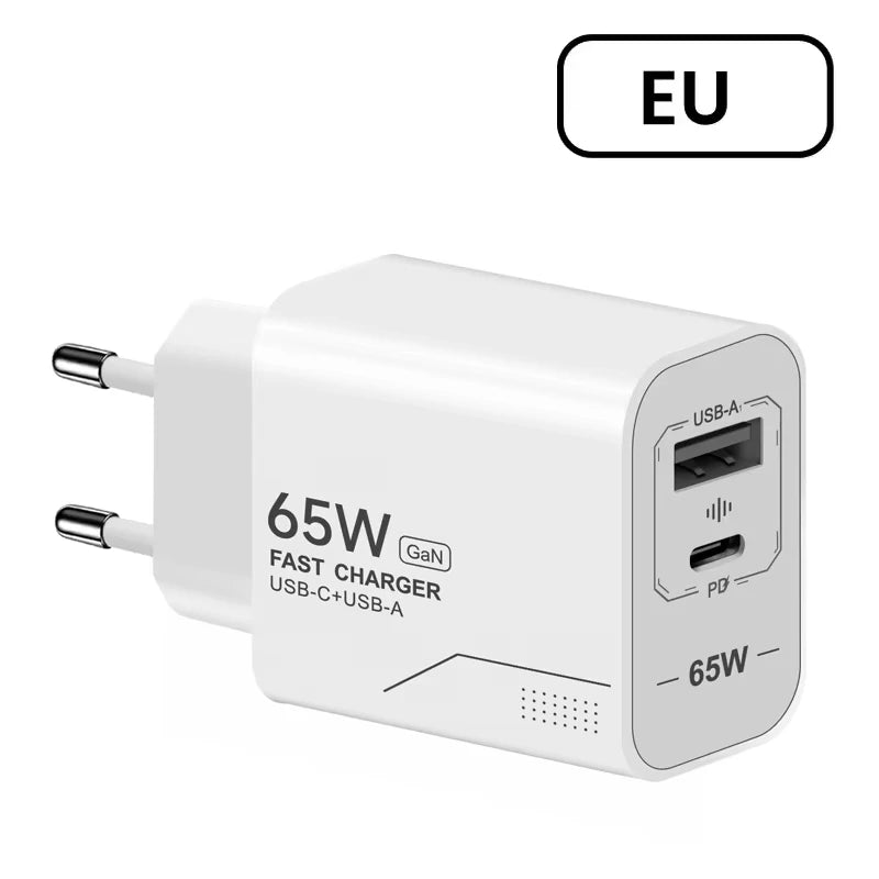 Lenovo 65W GaN USB C Charger 2-Port Fast Charging Phone Charger Power Adapter For iPhone Samsung Type C EU/US Plug Wall Charger