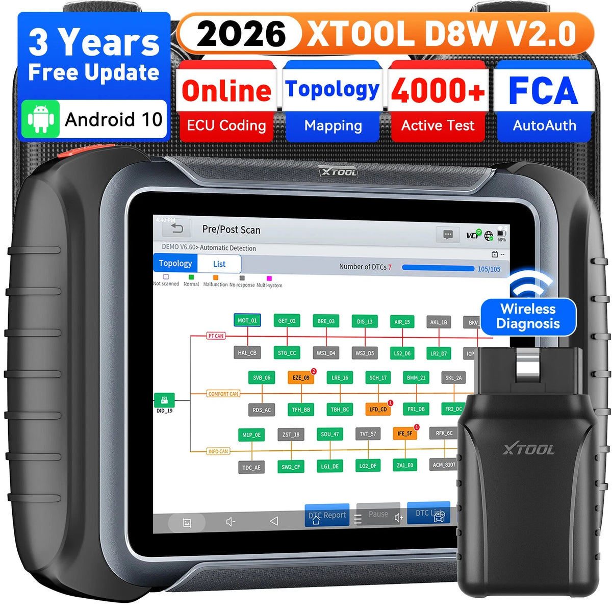 XTOOL D8W WiFi All System Diagnostic Tool With Topology Map 42+ Reset ECU Coding Key Programming CAN FD DoIP FCA Upgraded of D8
