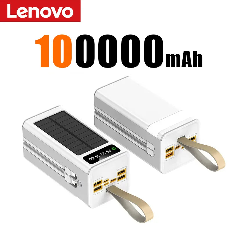 Lenovo 100000mAh Solar Power Bank High-capacity Built-in Cables External Battery LED Light Power Bank for  iPhone Samsung 2026 Car Mobile World