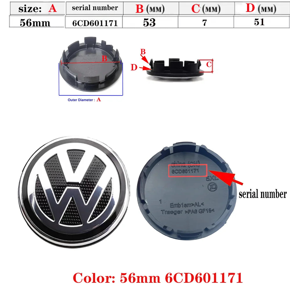 4pcs 3D black silver for 55mm 56mm 65mm 70mm 76mm Car emblem Wheel hub Center Cap Badge covers sticker Stylin3B7601171 1J0601171