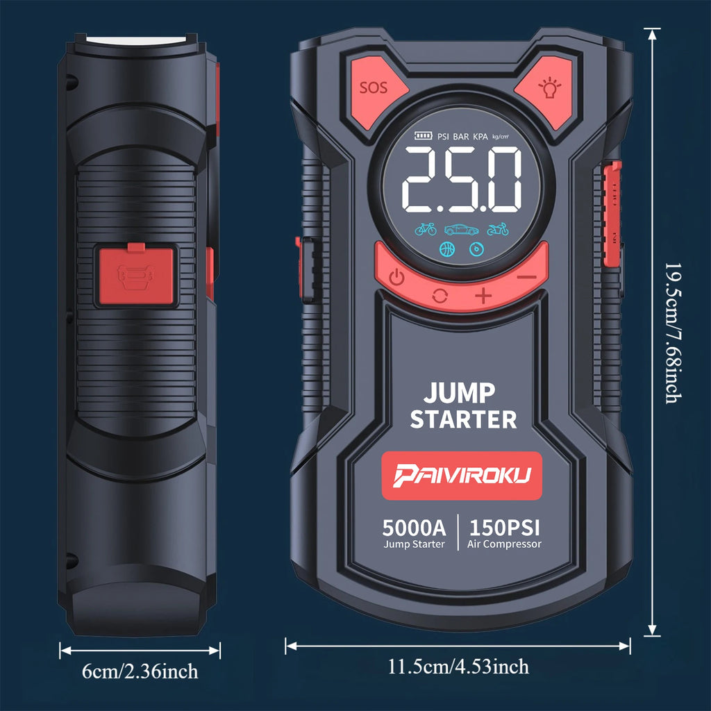 PAIVIROKU 5-in-1 Jump Starter with Air Pump 5000APeak Starter 150PSI Digital Tire Inflator Car Battery Jump Starter Power Bank