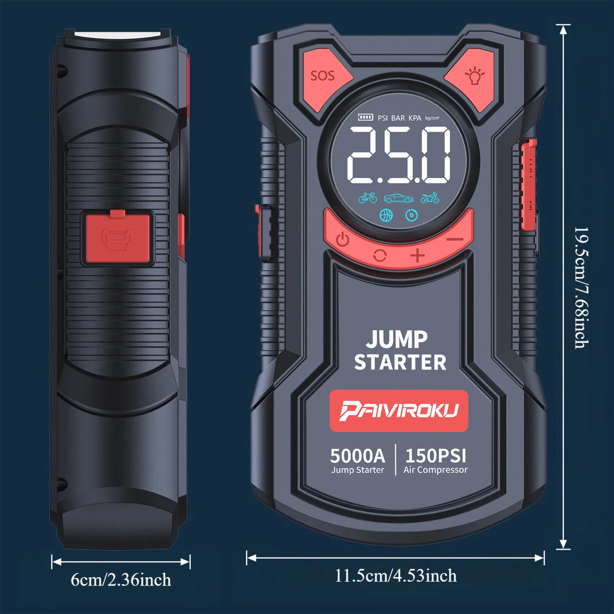 PAIVIROKU 5-in-1 Jump Starter with Air Pump 5000APeak Starter 150PSI Digital Tire Inflator Car Battery Jump Starter Power Bank