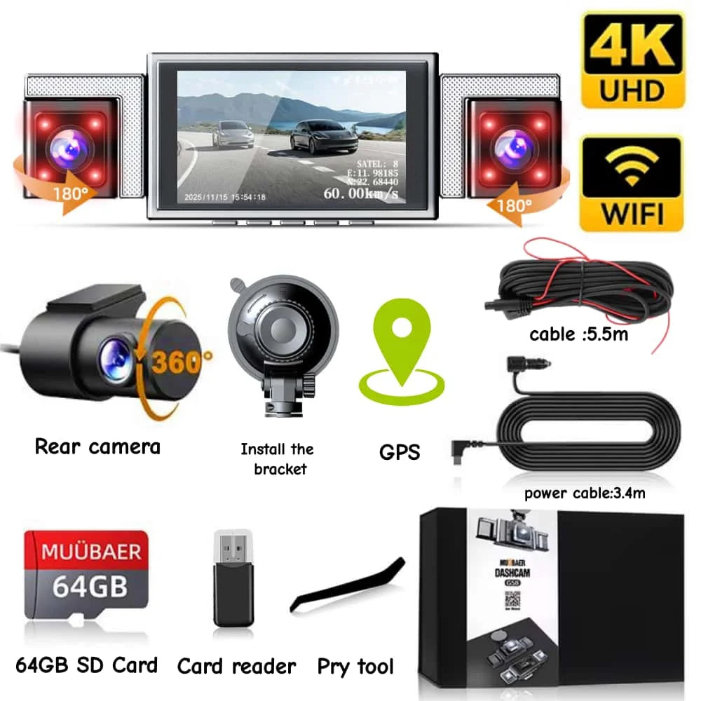 4K 360° 4-Channel Dash Cam with 5.8GHz WiFi & GPS | 4K Front+1080P Left/Right/Rear, 3" IPS Screen, Night Vision, Loop Recording Car Mobile World