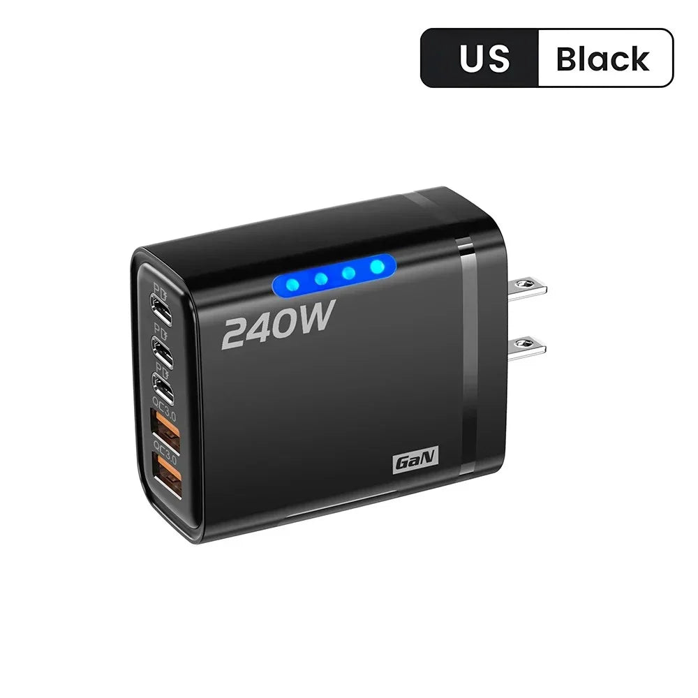 5 in 1 240W GaN Fast Charger With LED Light 2USB+3Type-C Multi Port Phone Charger for iPhone 16 15 pro Samsung Huawei Xiaomi 15 Car Mobile World