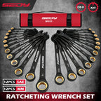 SEDY 24Pcs Ratcheting Wrench Set 72-Tooth CR-V Steel with Durable Black Finish Ratchet Spanners with Roll-Up Tool Pouch Repair
