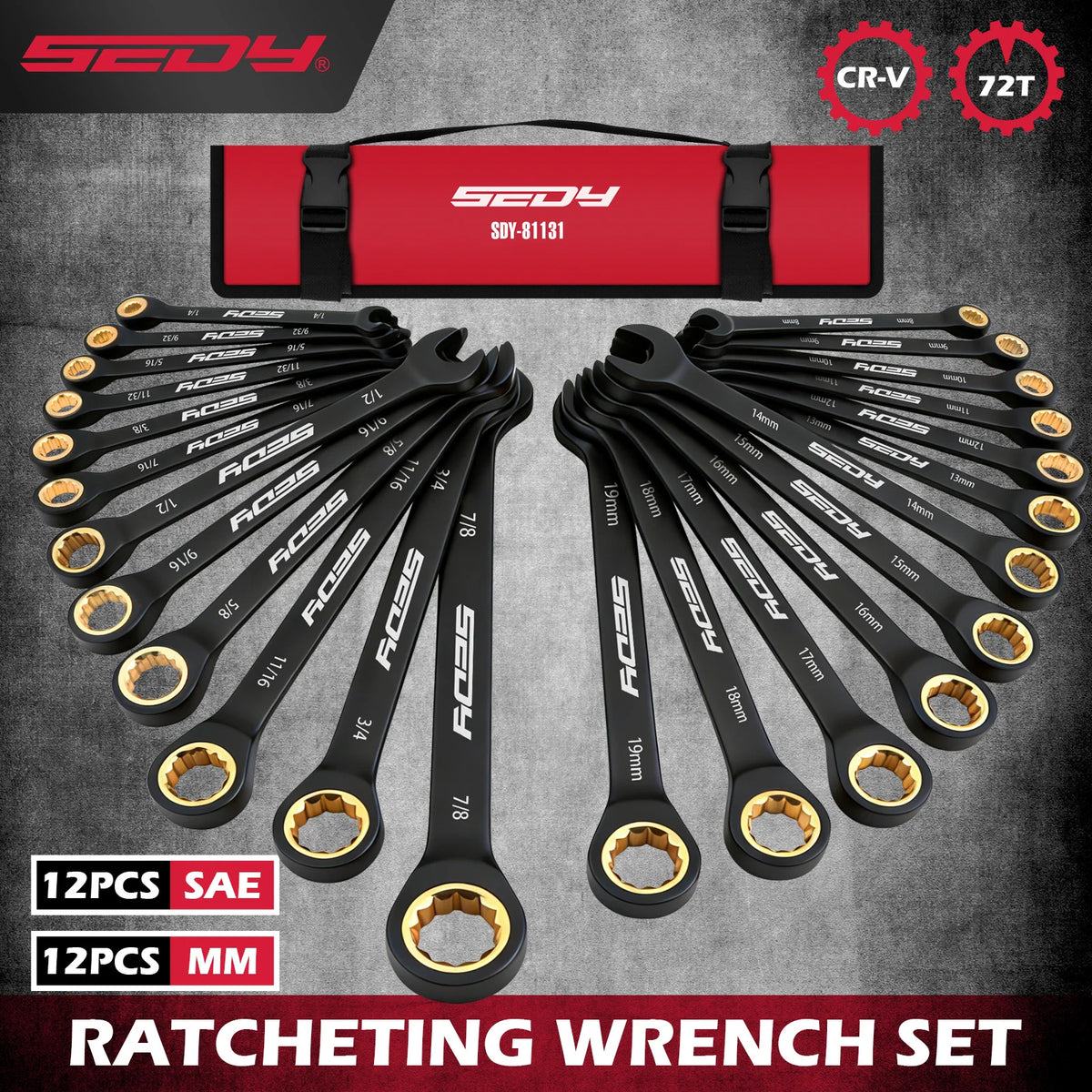 SEDY 24Pcs Ratcheting Wrench Set 72-Tooth CR-V Steel with Durable Black Finish Ratchet Spanners with Roll-Up Tool Pouch Repair