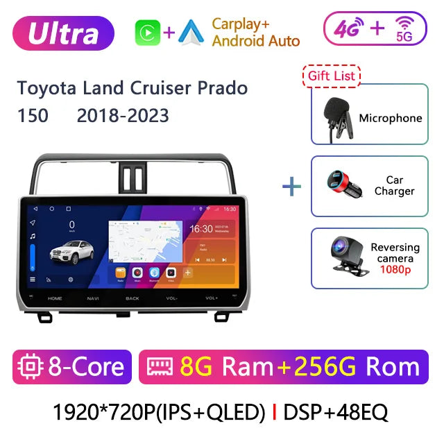 12.3" 2 Din Android Car Radio Multimedia DVD Player For Toyota Land Cruiser Prado 150 2018-2023 Navigation GPS Carplay Head Unit CM World
