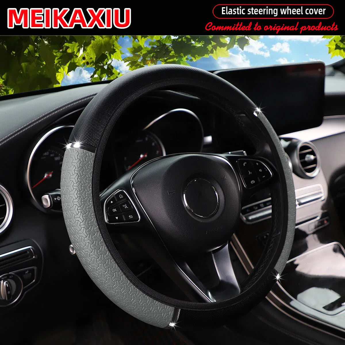 PU Leather Snowflake Steering Wheel Cover with Metal Strip 14.5-15 Inch Car Interior Accessory Rimless