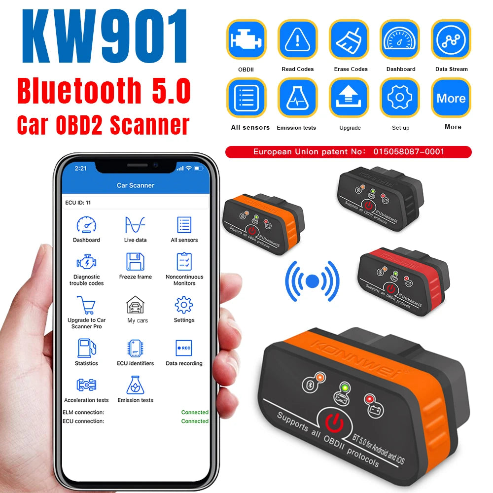 2025 New KONNWEI KW901 ELM327 V1.5 Bluetooth5.0 Car Auto OBD2 Scanner Android/IOS Car Diagnostic Tool Code Reader pk Vgate ICAR2 Car Mobile World