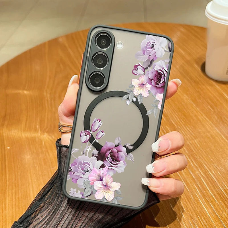 For Samsung Galaxy A57 A37 A17 A55 A54 A56 A25 S25 S26 Edge S24 S23 S22 Ultra Plus S25 FE Flower Case Magnetic For Magsafe Cover Car Mobile World