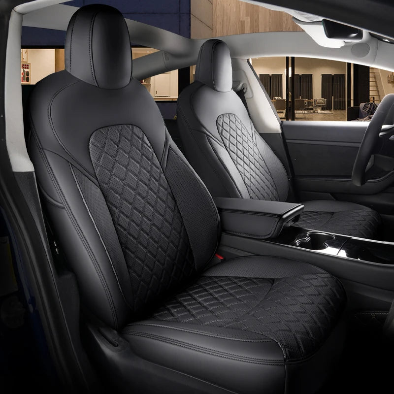 For Tesla Model 3 Y Custom Fit Car Seat Cover Accessories For Tesla 360 Degree Full Covered Perforated Artificial Leather CM World