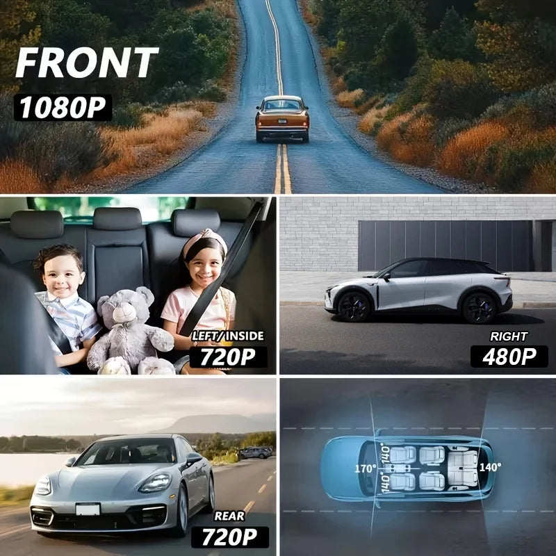 ZKCAMSPY 360° Dash Cam 1080P Front 720P Rear 480P Right Side, 3.16" 4-Split Screen, 4 Lens/3 Lens, Super Night Vision, 24H Parking Monitor, G-Sensor, Loop Recording, Car DVR Recorder with 12-24V Car Plugs, Optional No-card