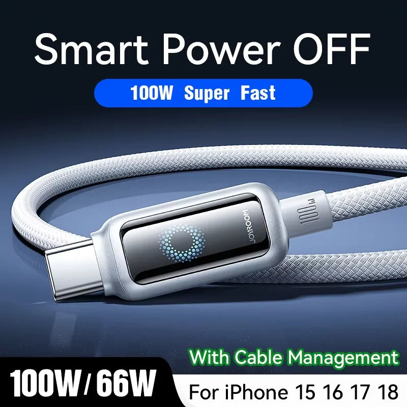 Joyroom 100W USB C Cable Automatic Power Off Fast Charge Type C Cable For iPhone 16 15 Pro Max  Xiaomi Sumsang Huawei