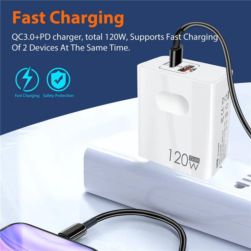 120W Fast Charger USB Type C PD Cable Fast Charging Quick Charge 3.0 Adapter For iPhone Xiaomi Samsung Oneplus Pixel Cellphones Car Mobile World