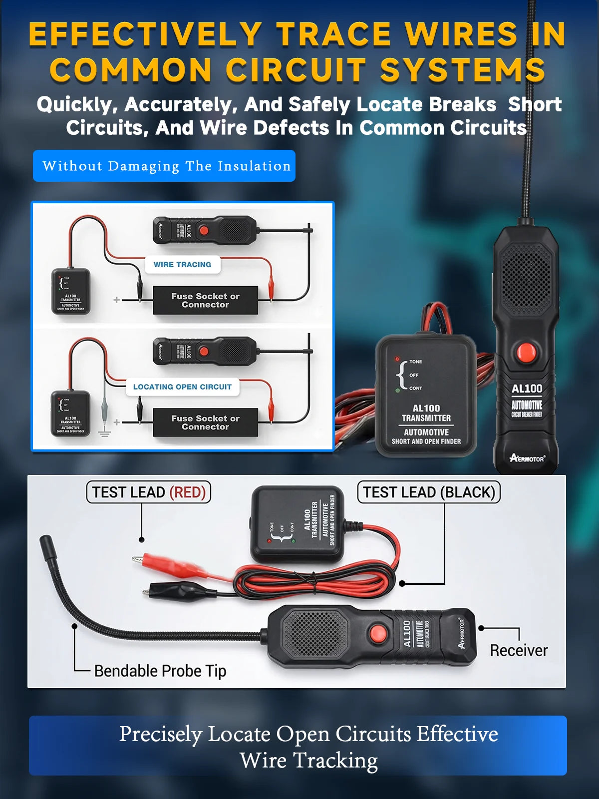 AERMOTOR AL100 Automotive Short Circuit Detector Open Finder Car Repair Tool for Circuit Test Tracking Cables