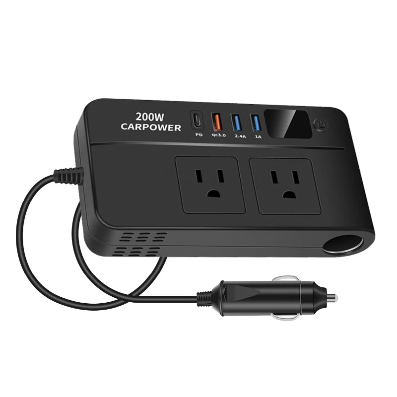 200W car inverter, DC 12V to 110V AC car power inverter with USB Type -C Used for computer,cars and trucks (black) CM World