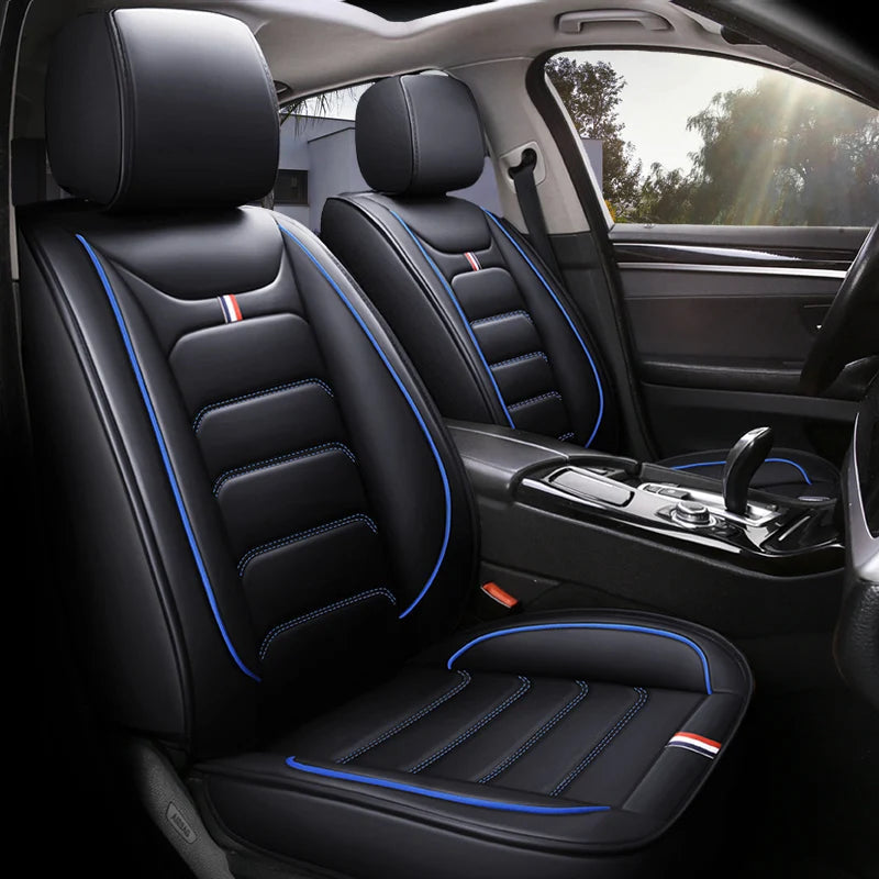 Five-seat car seat covers with dual-tone trim, luxury leather upholstery, fits most vehicles CM World
