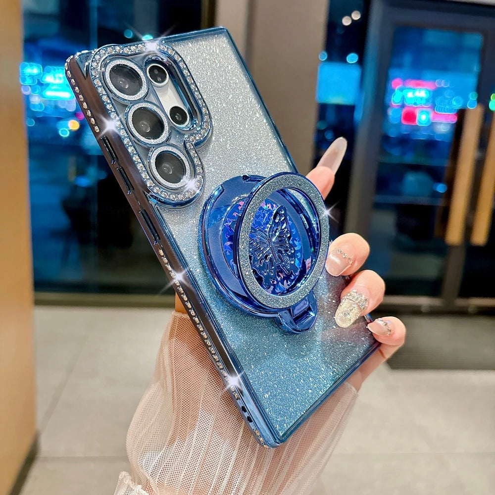 Glitter Butterfly Rotating Bracket Case for Samsung Galaxy S25 S26 Ultra S24 S23 Plus S22 FE A56 A55 A16 A54 Bling Diamond Cover