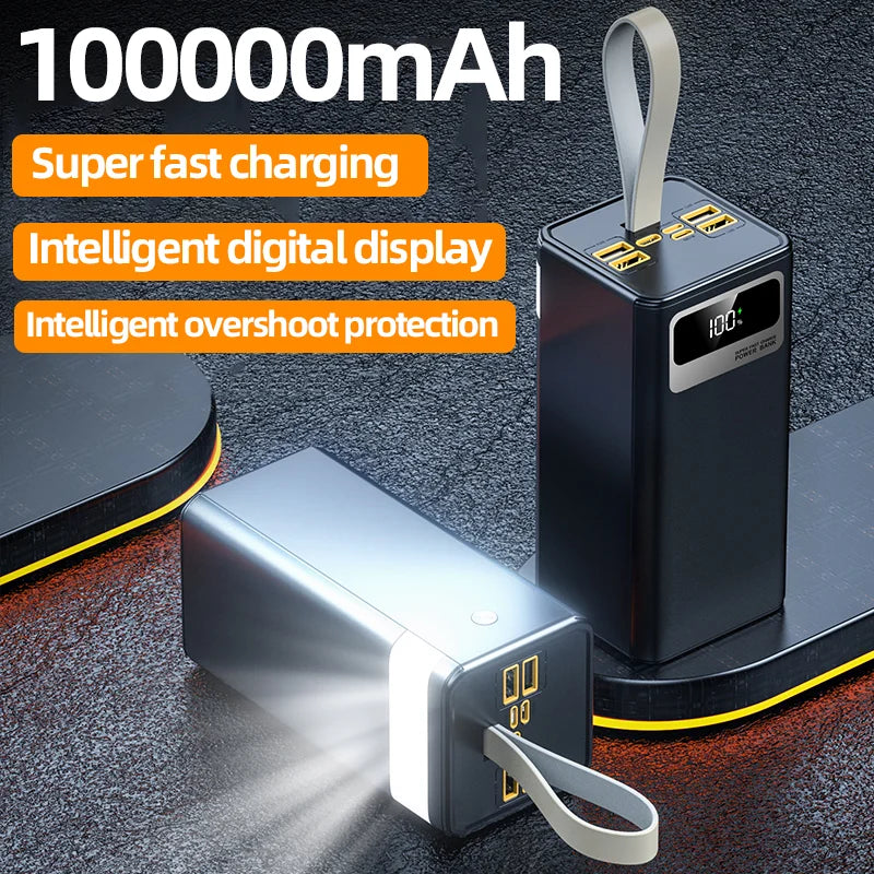 100000mAh large capacity mobile power bank 22.5W ultra fast charging - suitable for various electronic devices, LED power display, portable charger, high brightness lighting, high-end camping equipment, and outdoor power solu
