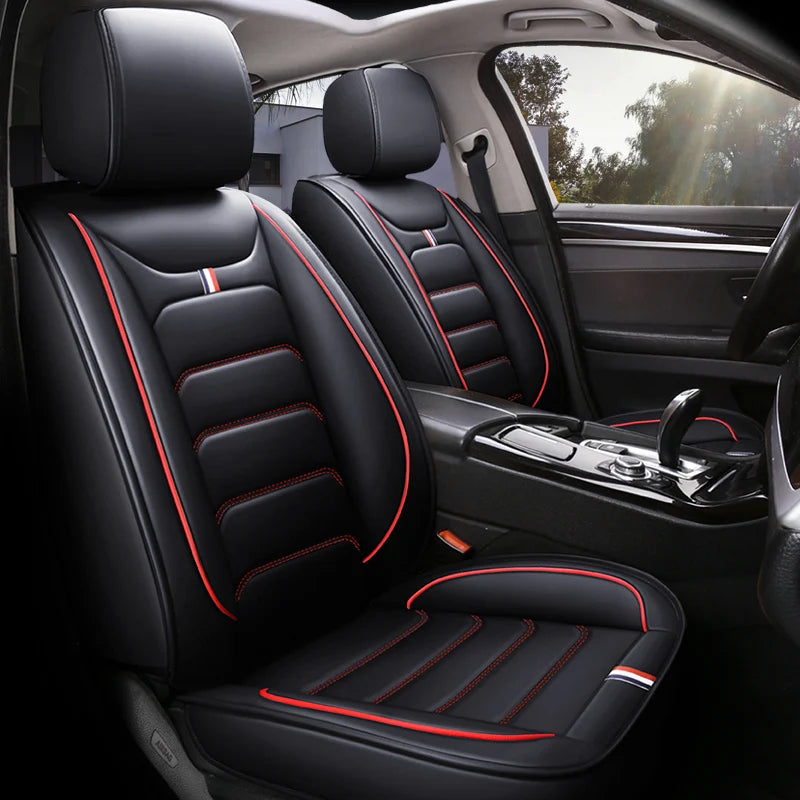 Five-seat car seat covers with dual-tone trim, luxury leather upholstery, fits most vehicles CM World