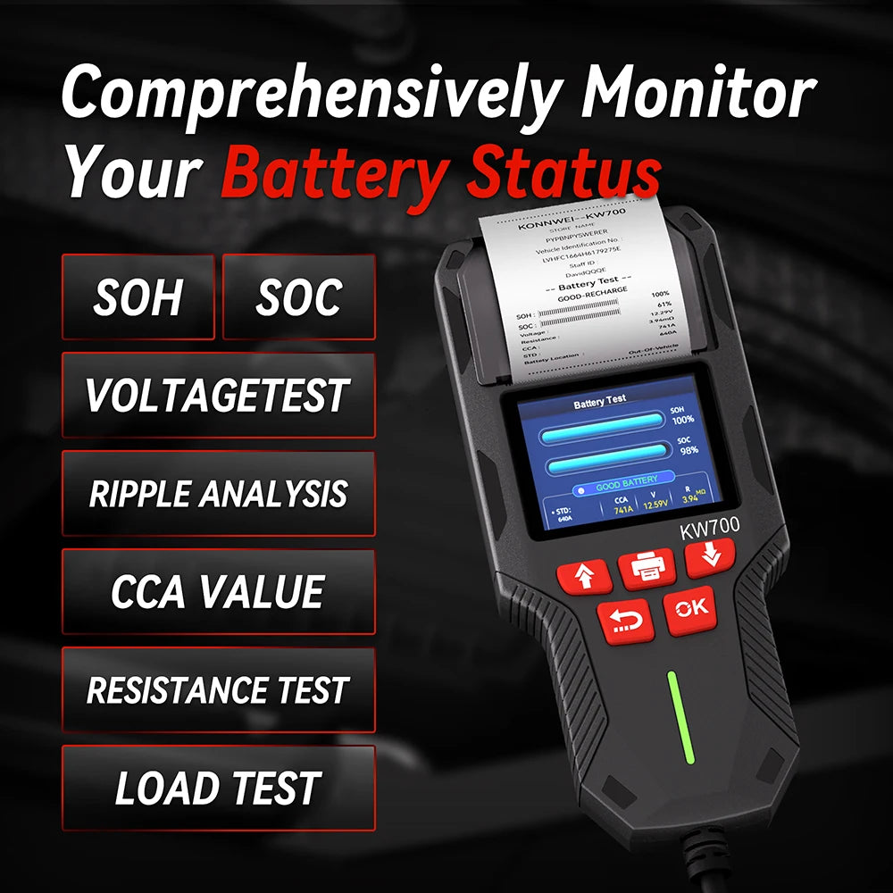 2026 KONNWEI KW700 Professional Car Battery Tester 12V/24V 100-2000CCA With Built-in Print Function Cranking Charging Test Tool