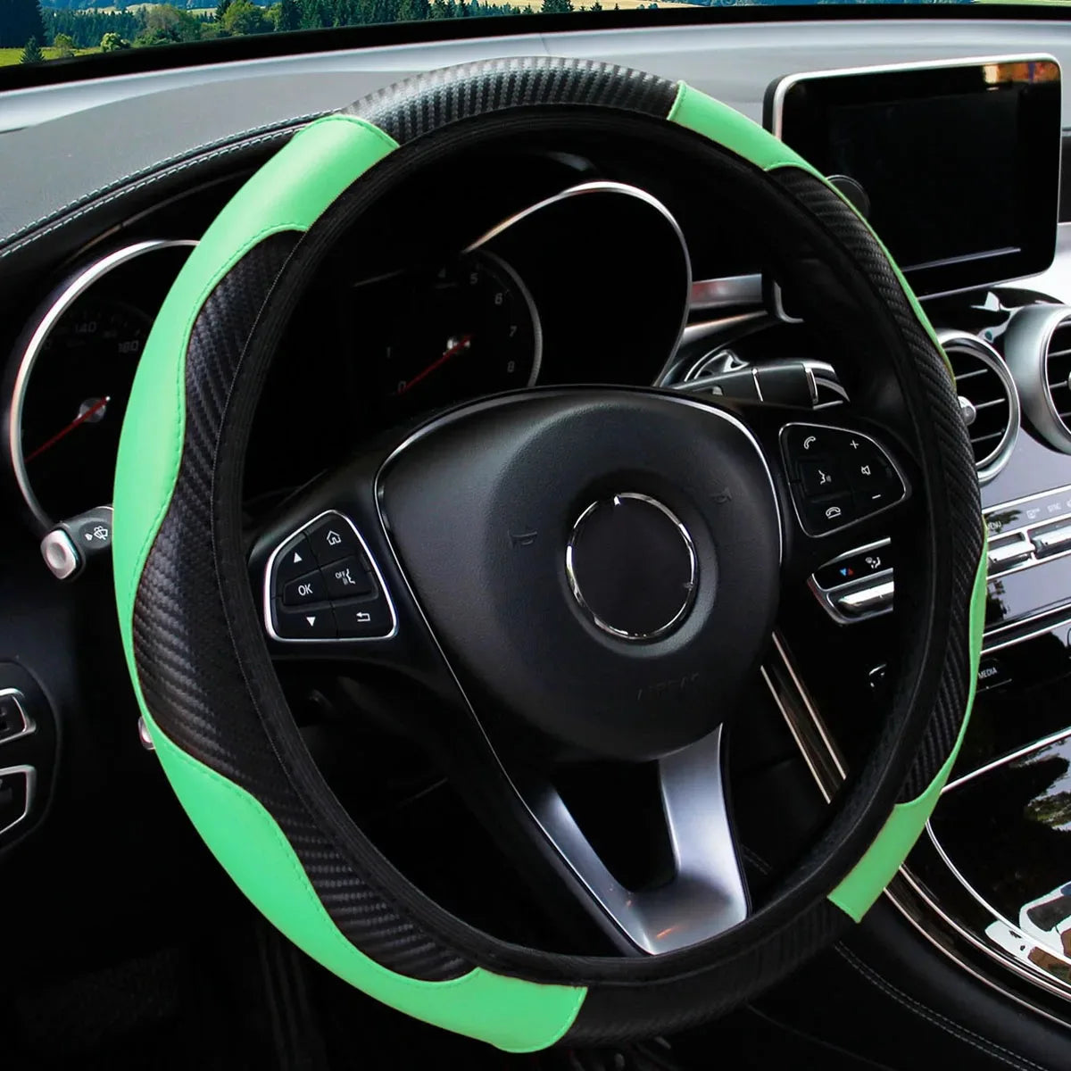 PU Carbon Fiber Leather Car Steering Wheel Cover Without Inner Ring Suitable 14.5-15 Inches for Most Vehicles Sedan SUV Truck