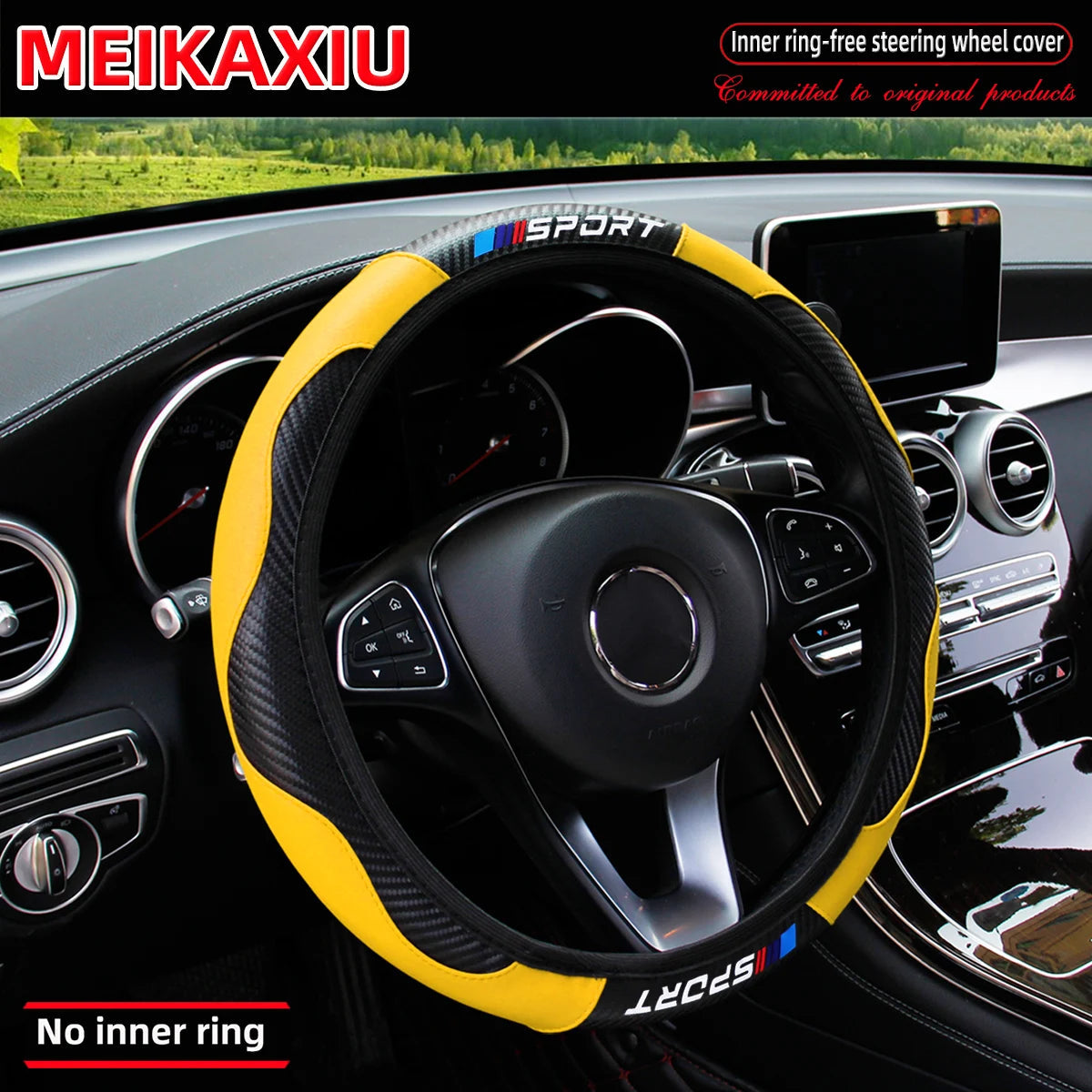 Carbon fiber leather SPORT car rimless steering wheel cover is suitable for 14.5 - 15-inch steering wheels as decoration items. CM World