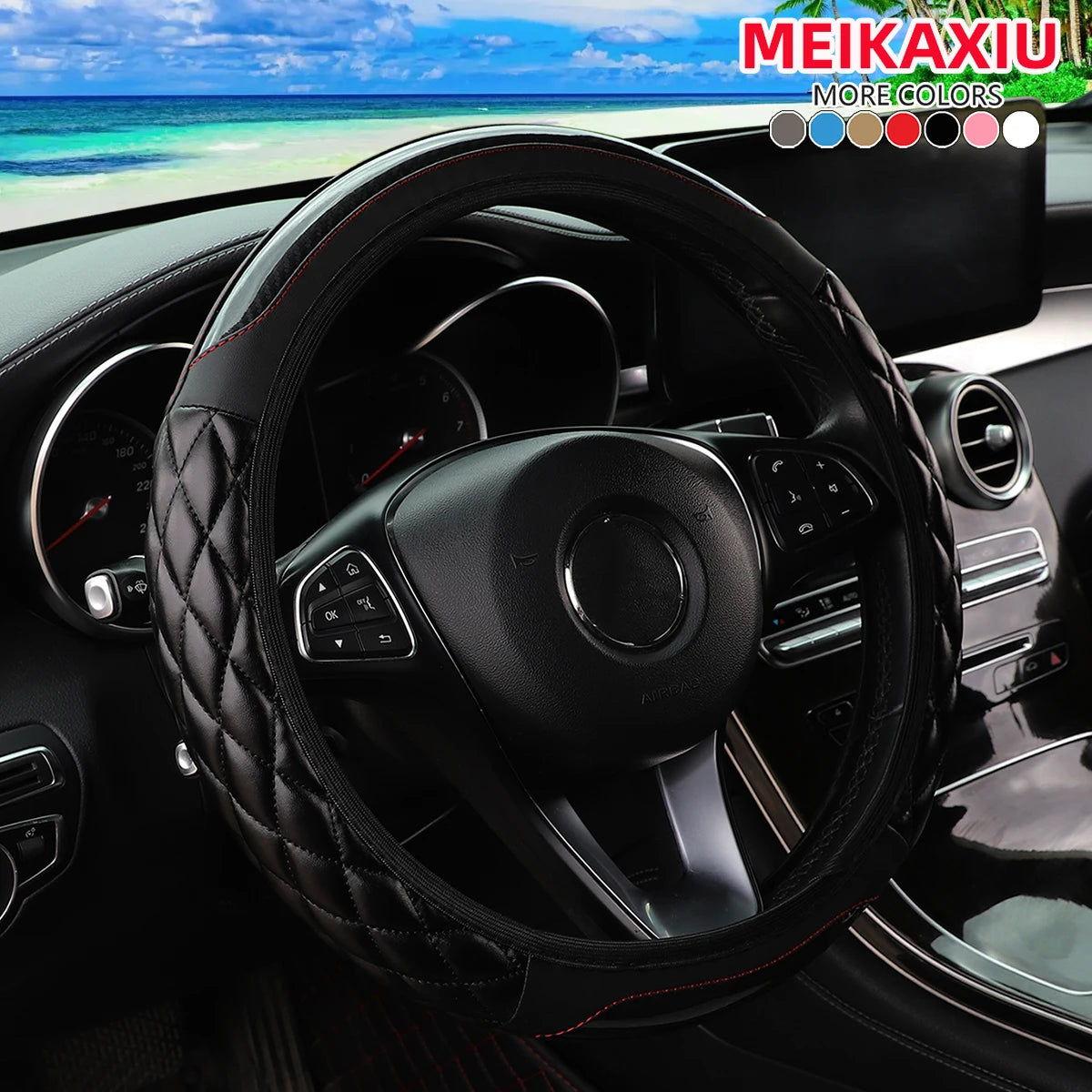PU Soft Leather Crystal Carbon Fiber Embroidered Car Rimless Steering Wheel Cover for 14.5 - 15 Inch Car Interiors