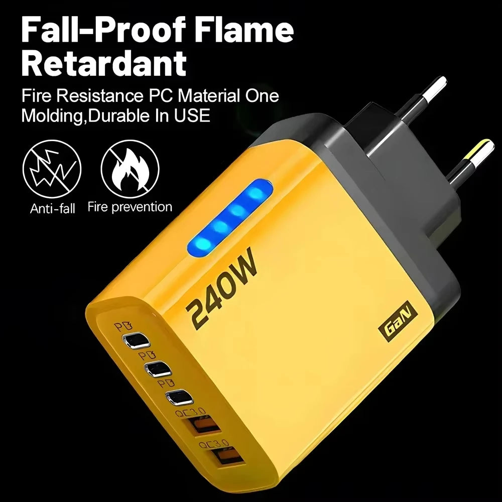 5 in 1 240W GaN Fast Charger With LED Light 2USB+3Type-C Multi Port Phone Charger for iPhone 16 15 pro Samsung Huawei Xiaomi 15 Car Mobile World