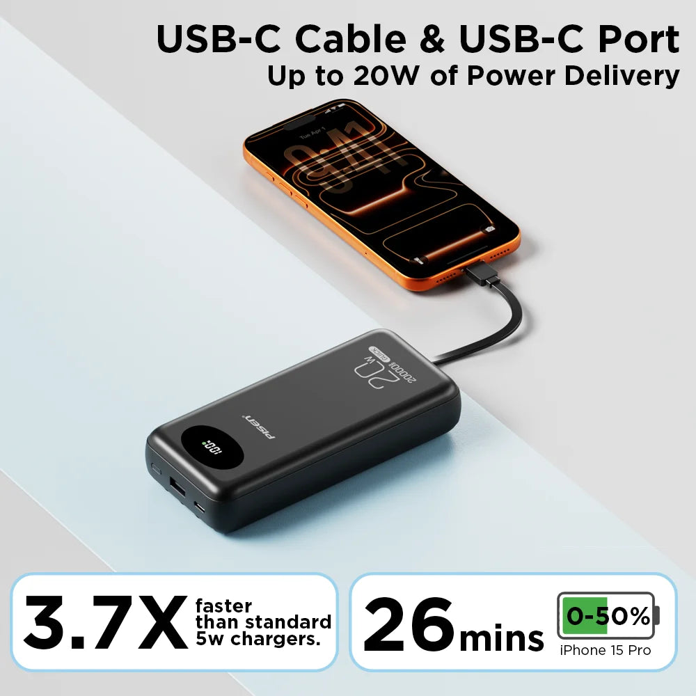 PISEN 20000mAh 20W Fast Charging Powerbank With 4 Built-in Cables For iPhone Samsung Xiaomi