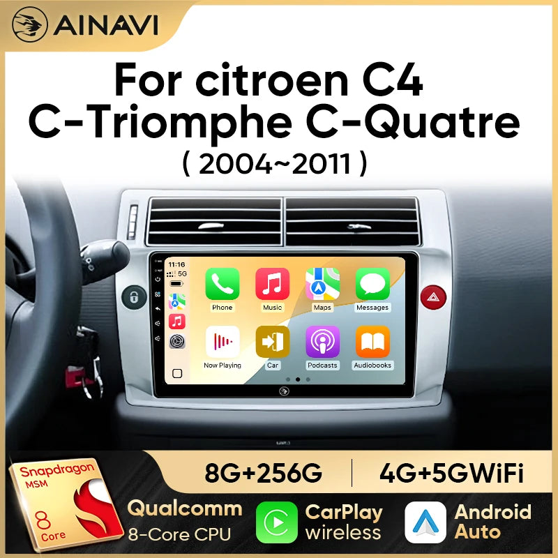 Ainavi Car Radio For Citroen C4 C-Triomphe C-Quatre 2004 2005 2006 2007 2008 2009 Wireless Carplay Android Auto Multimedia 2 Din CM World