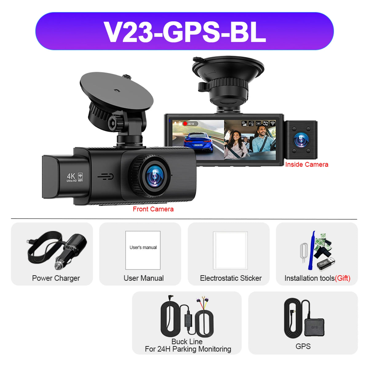 3 Channel WiFi 4K Dash Cam Front and Inside DashCam 1080P Rear Camera Night Vision 24H Parking Car DVR Black Box Support GPS