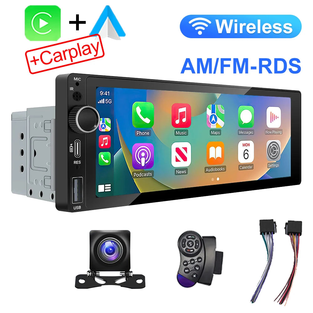IPS 6.9 Inch 1Din Wireless Or wired Carplay Android Auto Car Radio Multimedia MP5 Player 1 Din DVD Bluetooth Stereo USB Charging CM World