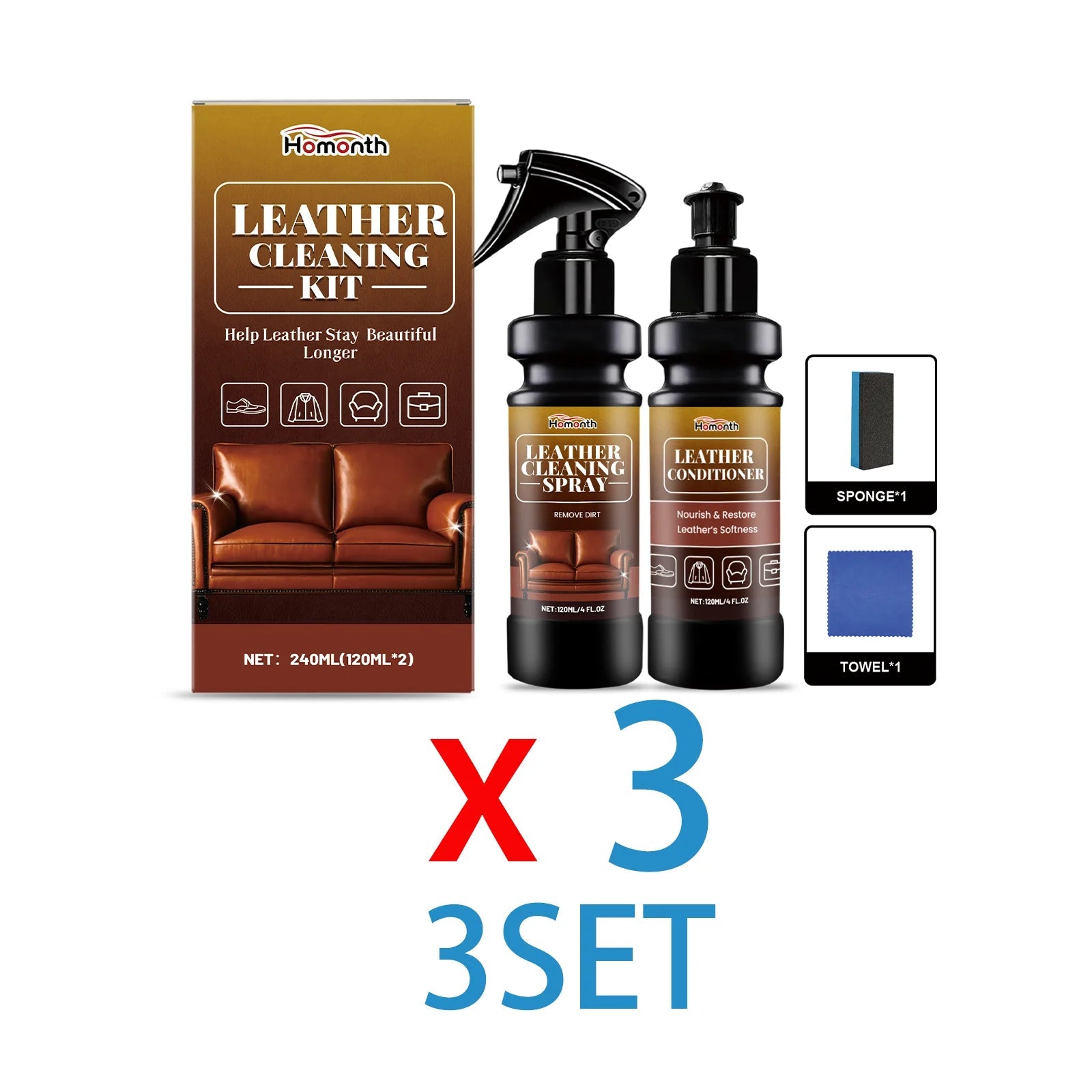 Leather Cleaner Conditioner Kit  Care Set Deep Spray Nourishing Cream Restores Softness Shine Prevents Cracking Includes Sponge CM World